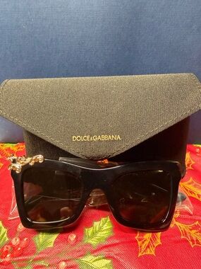 Dolce & Gabbana Black Square Women's Sunglasses with Gold Flourish